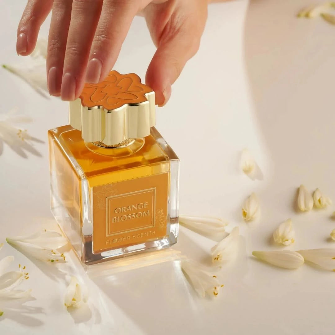 Orange Blossom Eau de Parfum Spray by Flower Scents in a velvet pouch, featuring a 65ml bottle with a elegant floral design.