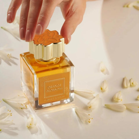Orange Blossom Eau de Parfum Spray by Flower Scents in a velvet pouch, featuring a 65ml bottle with a elegant floral design.