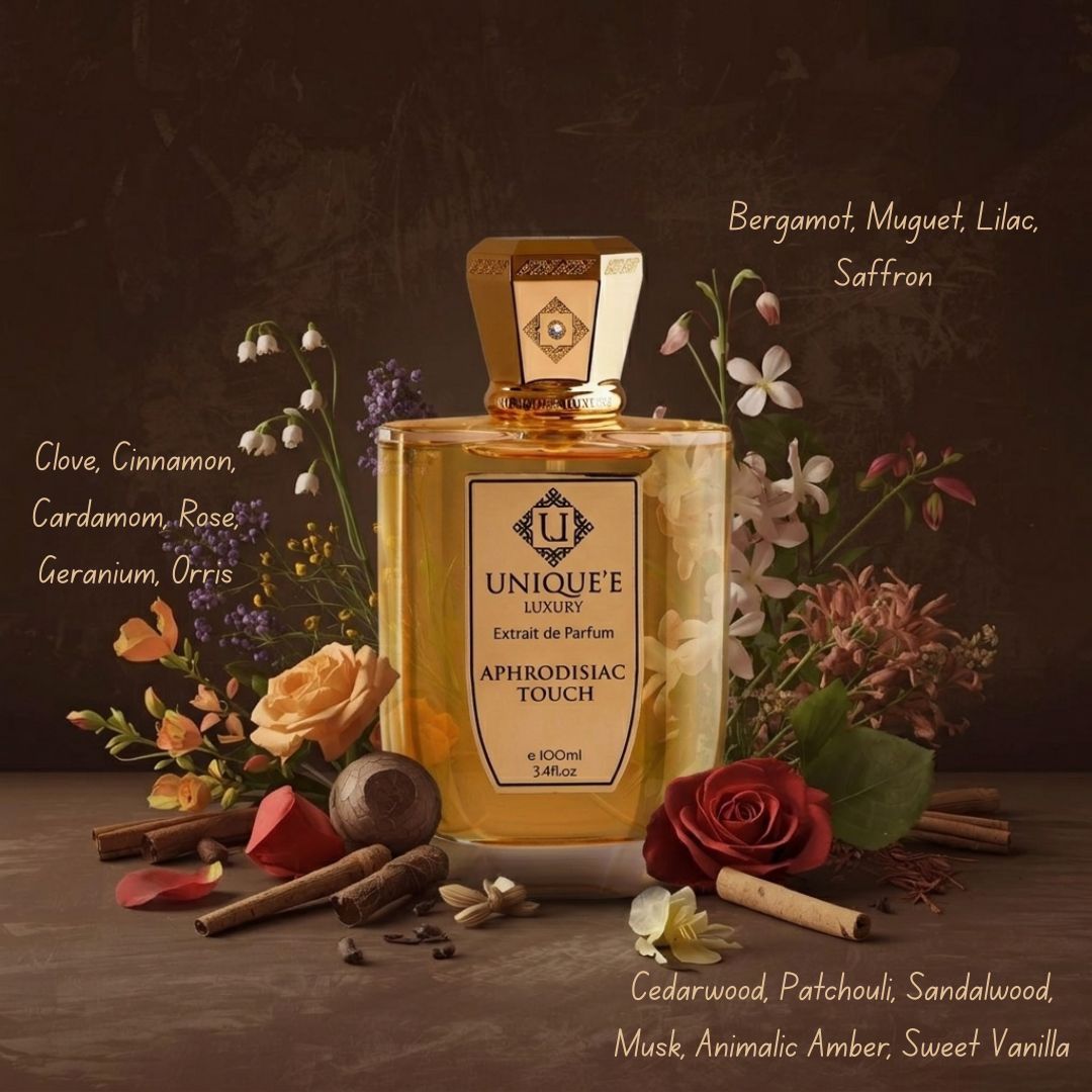 Aphrodisiac Touch Extrait de Parfum 100ml by Unique'e Luxury, elegant glass bottle of EDP perfume with a sleek design.
