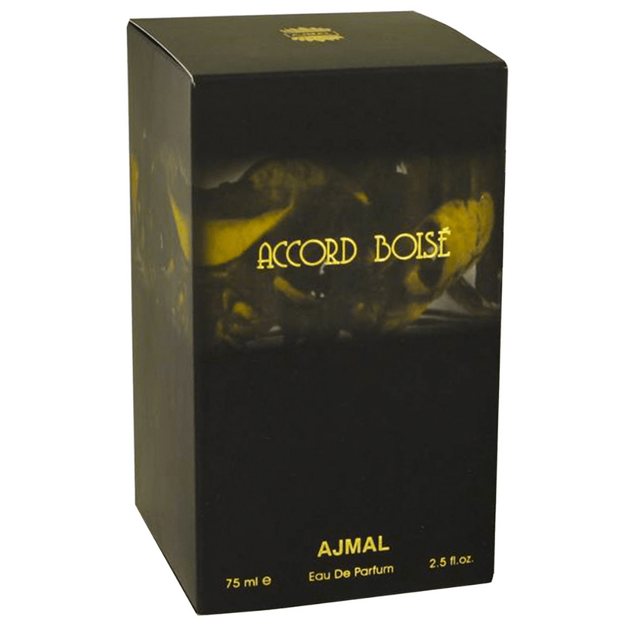 Accord Boise for Men Eau De Parfum by Ajmal, 75ml bottle featuring a sleek design and elegant fragrance packaging.