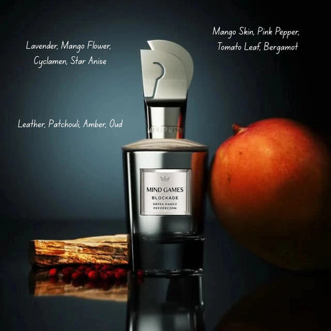 Blockade Extrait de Parfum 100ml by Mind Games, elegant glass bottle of EDP Extrait De Parfum with sleek design.