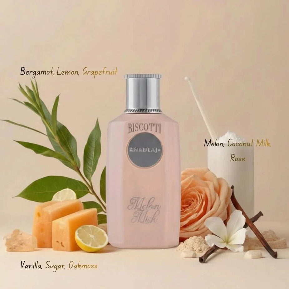Khadlaj Biscotti Melon Misk Eau de Parfum spray 100ml, elegant glass bottle with a sleek design, showcasing the fragrance's stylish packaging.