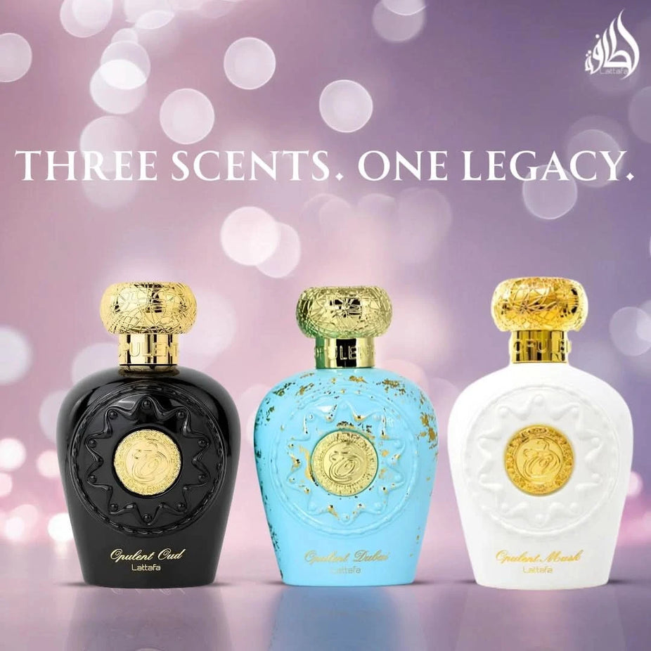 Lattafa Opulent Oud, Musk, and Dubai Eau de Parfum sprays bundle, 100ml each, with elegant fragrance bottles displayed.