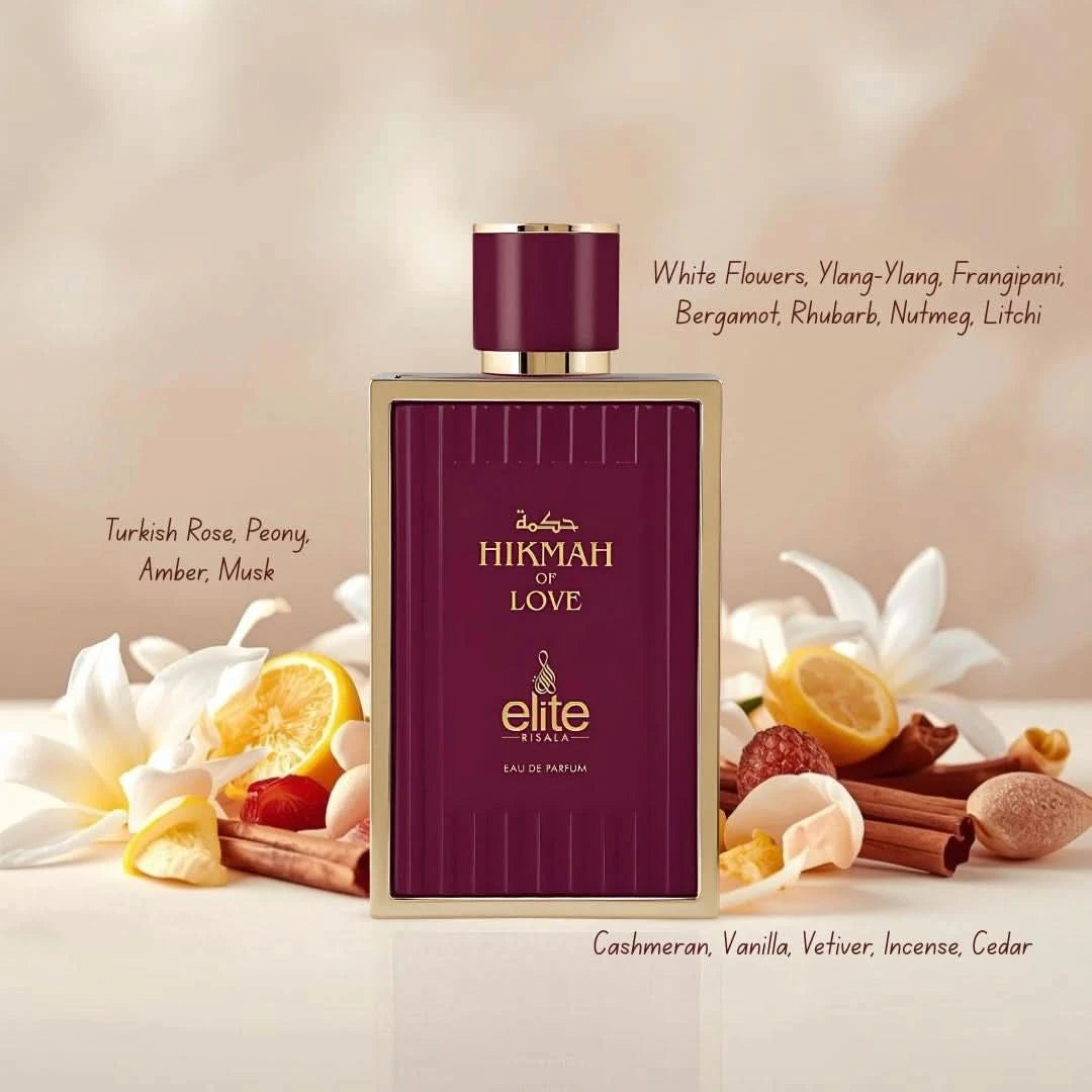 Elite Risala Hikmah Of Love Eau de Parfum spray 100ml, elegant glass bottle with floral and woody notes, luxurious perfume for women