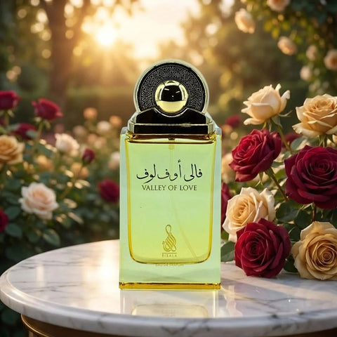 RISALA Valley Of Love Eau de Parfum spray 100ml in a velvet pouch, featuring elegant bottle design with floral and oriental notes.