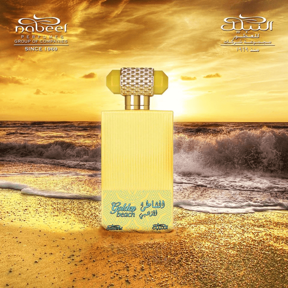Golden Beach Eau De Parfum by Nabeel Perfumes, 100 ML bottle, elegant packaging with a golden and blue design.