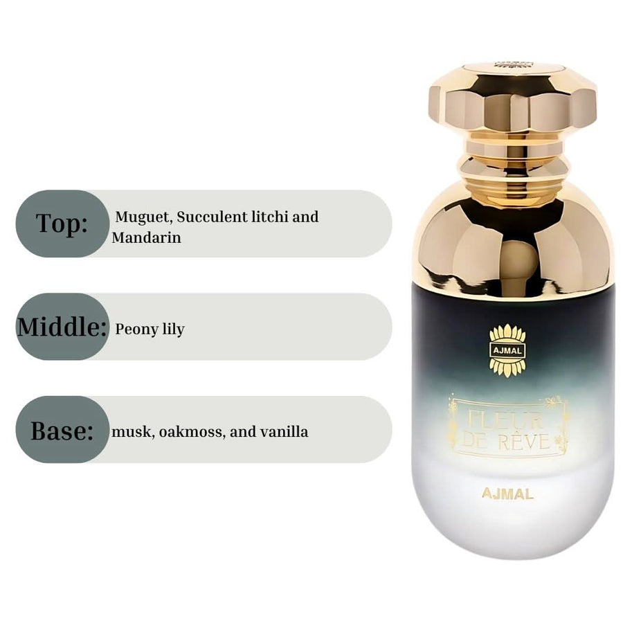 Ajmal Fleur de Rêve EDP spray 90ml, luxurious long-lasting perfume with enchanted floral scent in a sleek glass bottle.