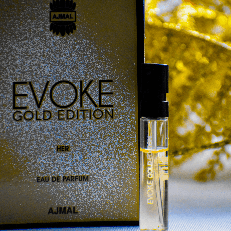 Small Ajmal Evoke Gold Edition women’s perfume sample bottle, 1ml, with gold accents and elegant packaging.