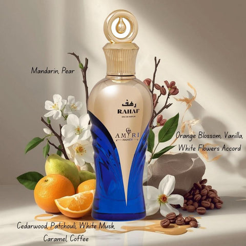 Hamidi Amiri Rahaf Eau de Parfum spray 100ml bottle with elegant design and branding visible.