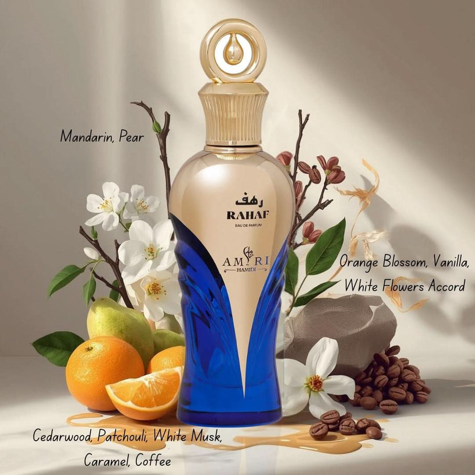 Amiri Rahaf Eau de Parfum Spray by Hamidi, 100ml bottle with elegant packaging, showcasing luxurious scent presentation.