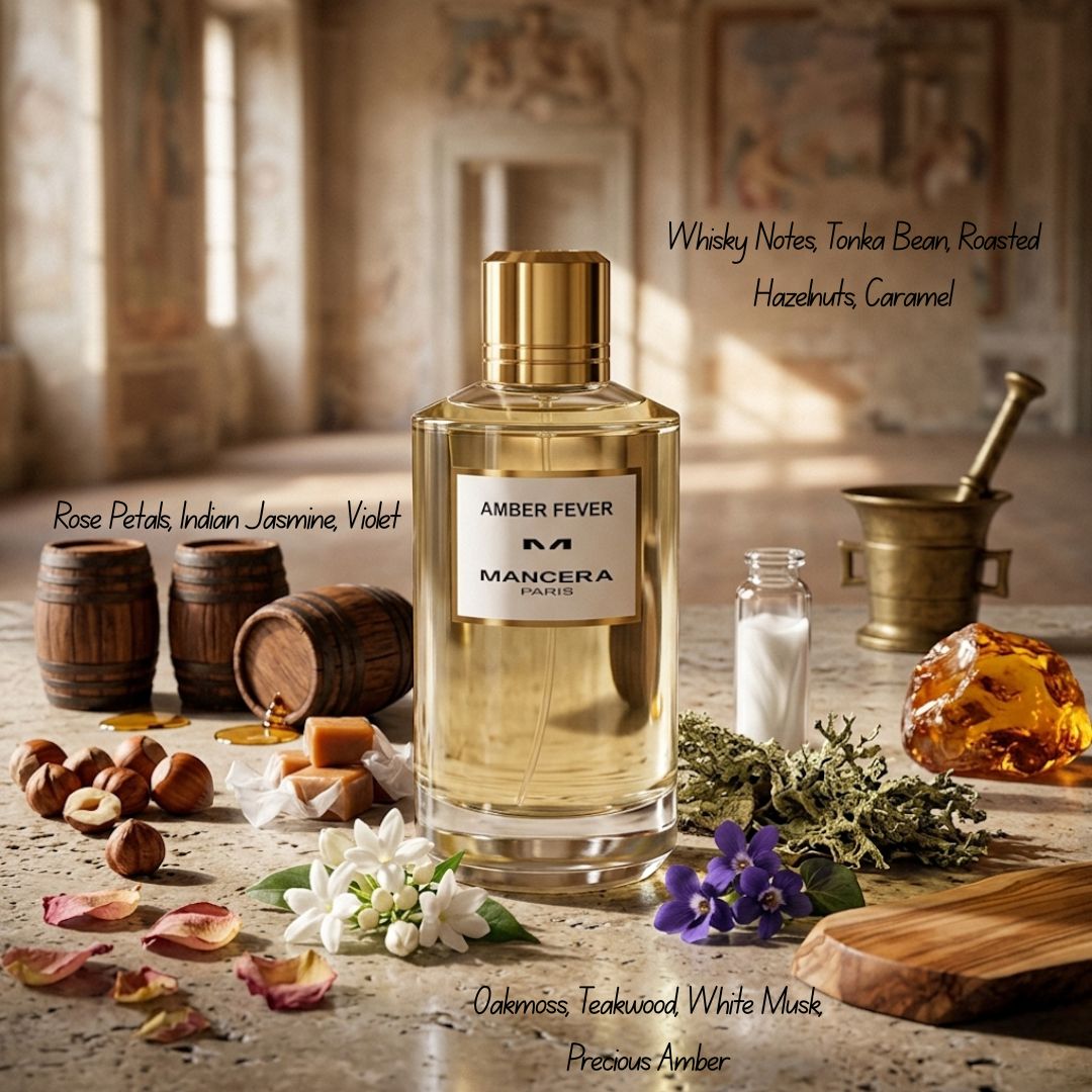 Amber Fever Eau de Parfum spray by Mancera, 120ml, featuring the elegant bottle and amber-colored fragrance liquid.