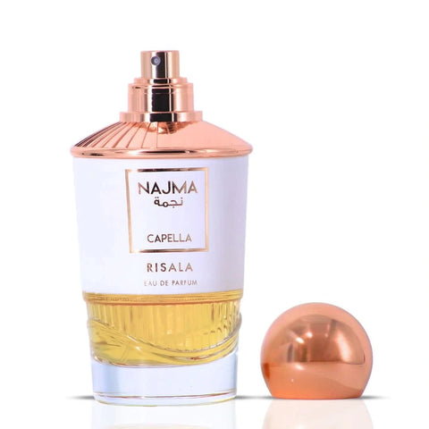 Najma Capella Eau de Parfum Spray by RISALA, 100ml, featuring the elegant perfume bottle with gold accents and floral design.