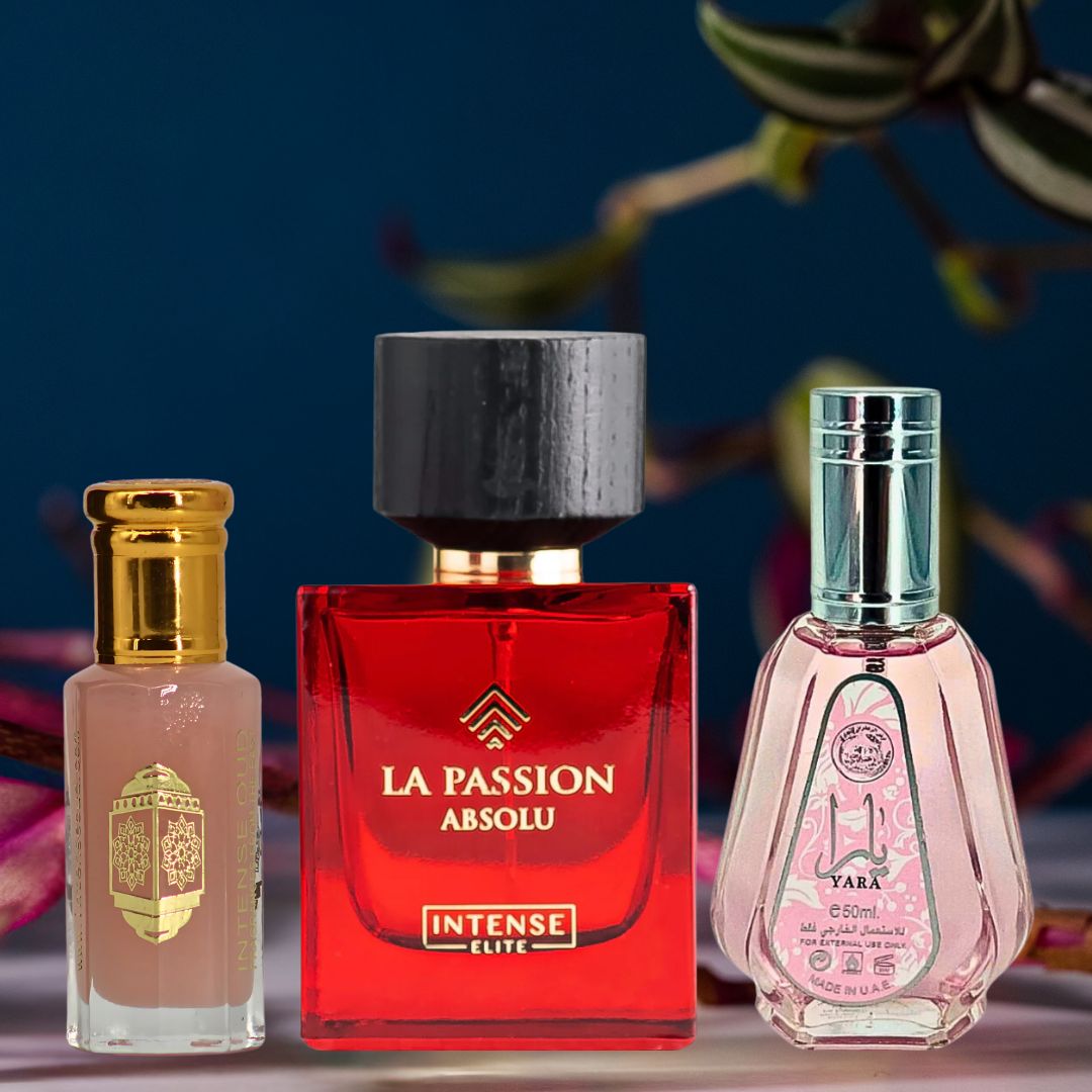 Yara EDP Spray 50ML (1.7 OZ), Pink Musk Perfume Oil 12ML (0.4 OZ), La Passion Absolu For Women EDP Spray 100 ML (3.4 OZ) With Magnetic Gift Box | Feel Irresistible With These Captivating Scents. - Intense Oud