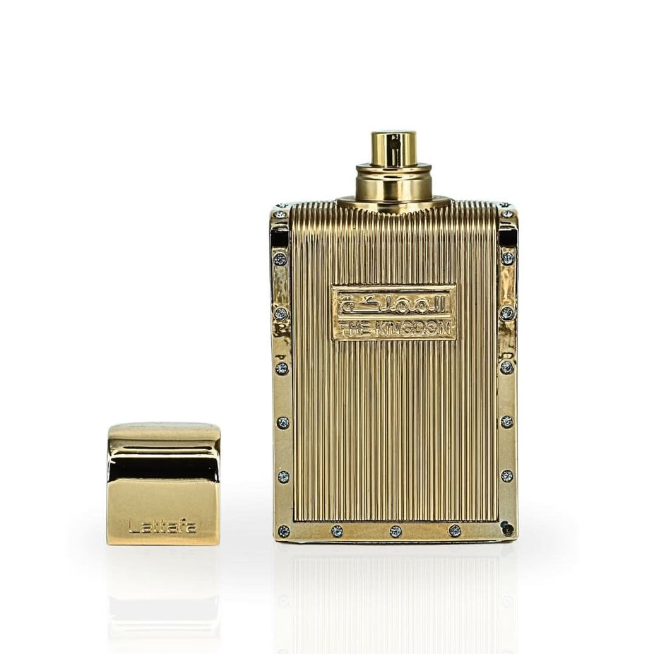 Lattafa The Kingdom for Men Eau De Parfum spray 100ml bottle, featuring sleek packaging and elegant design.