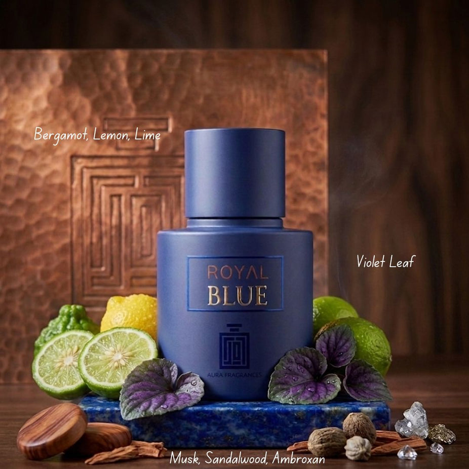 Royal blue Aura by Aura Eau de Parfum spray 100ml bottle with elegant packaging and floral accents.
