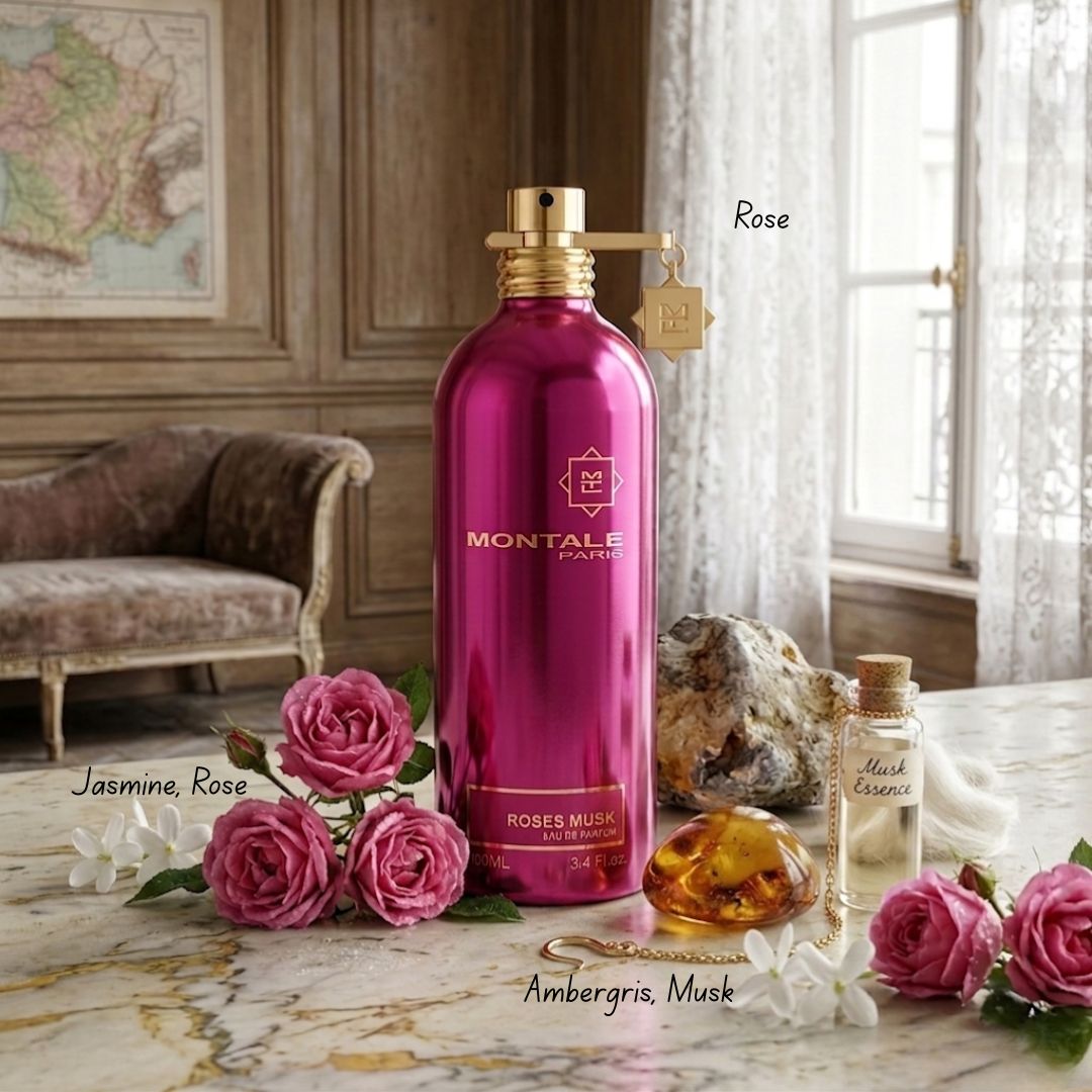 Montale Roses Musk Eau de Parfum spray bottle, 100ml, with elegant floral and musk fragrance branding on the packaging.