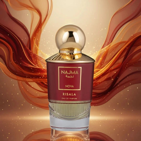 Najma Nova Eau de Parfum spray by RISALA, 100ml, featuring a sleek bottle with a transparent glass design and elegant cap.