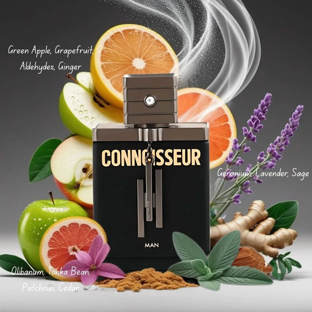 Bundle of Armaf Connoisseur Man and Woman Eau de Parfum sprays, 100ml each, featuring sleek bottles and elegant packaging.