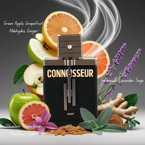 Bundle of Armaf Connoisseur Man and Woman Eau de Parfum sprays, 100ml each, featuring sleek bottles and elegant packaging.