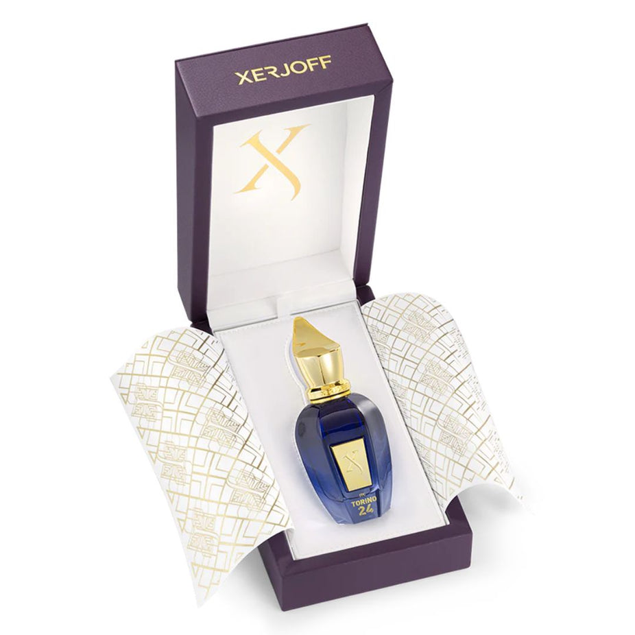 Xerjoff Torino24 Eau de Parfum spray bottle with elegant packaging and the fragrance's design visible.