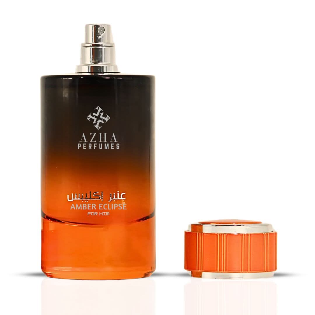 Amber Eclipse For Him Azha Eau de Parfum spray 100ml bottle, featuring warm amber and woody scent notes.