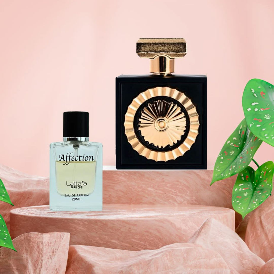 Lattafa Pride Nebras 100ml and Affection 20ml eau de parfum spray bundle, featuring elegant glass bottles with spray nozzles.