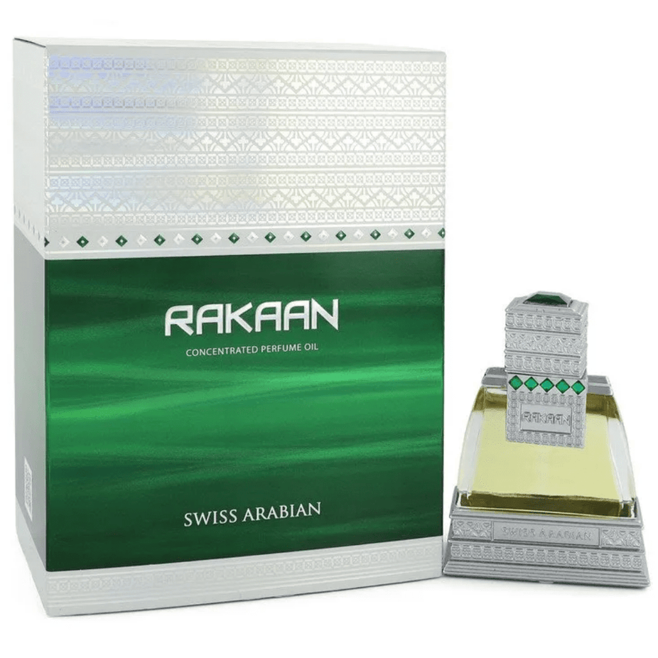 Swiss Arabian Rakaan Perfume Oil 20ml CPO concentrated perfume oil in a sleek bottle, highlighting its elegant packaging.