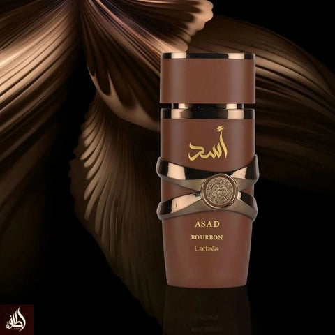 Lattafa Asad Bourbon Eau De Parfum spray 100ml bottle with velvet pouch, showcasing the elegant fragrance packaging.
