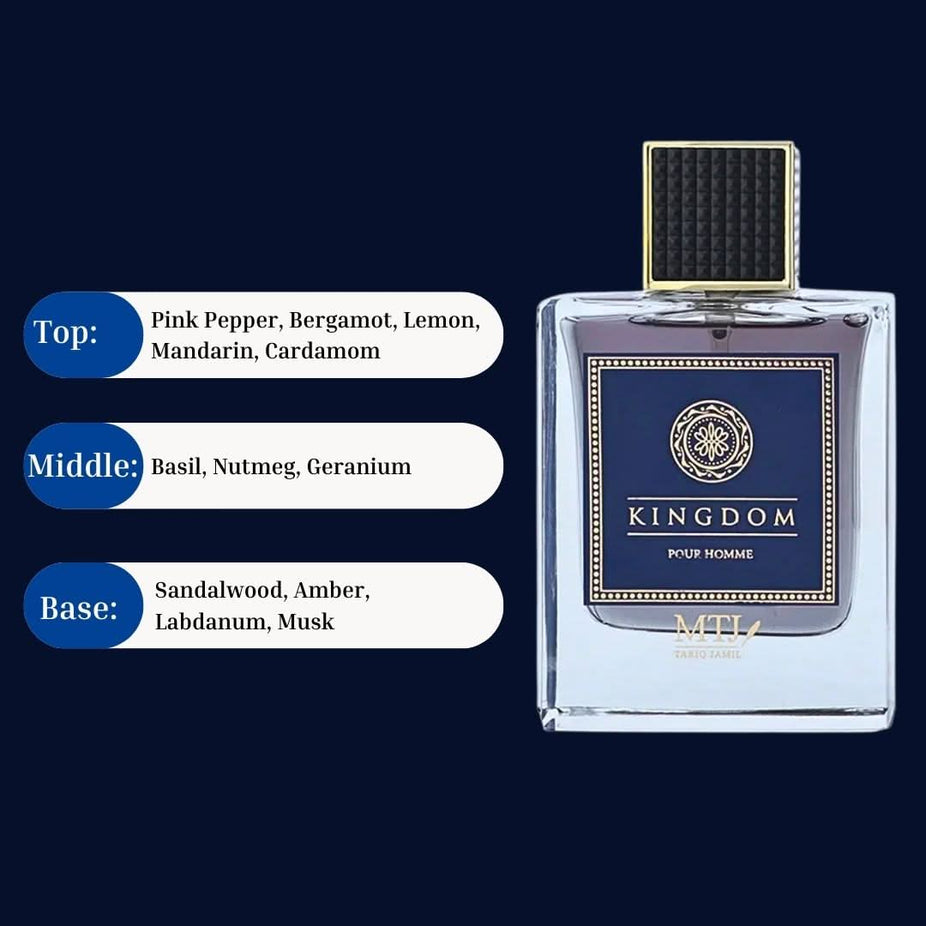 MTJ Kingdom Pour Homme EDP spray 100ML with citrusy, woody notes, showcasing a sleek bottle of luxurious masculine fragrance.