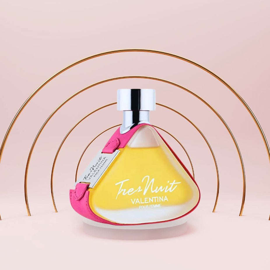 Armaf Tres Nuit Pour Homme and Valentina Pour Femme eau de parfum sprays, 100ml bundle, featuring sleek bottles with elegant designs.