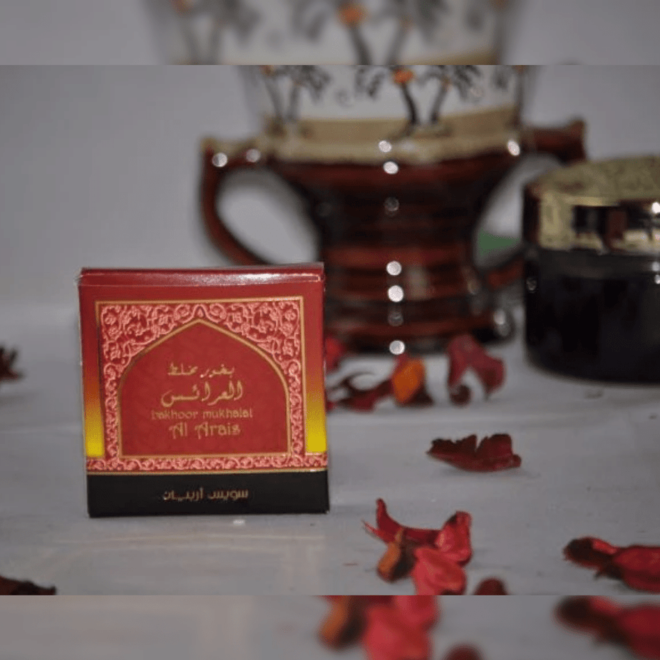 Swiss Arabian Bakhoor Mukhalat Al Arais 40 GM, aromatic traditional incense with fragrant Bakhoor pieces in a decorative container.
