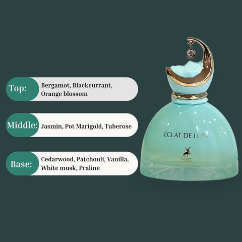 Maison Alhambra Eclat De Lune Eau de Parfum spray 100ml with velvet pouch, elegant glass bottle with floral design.
