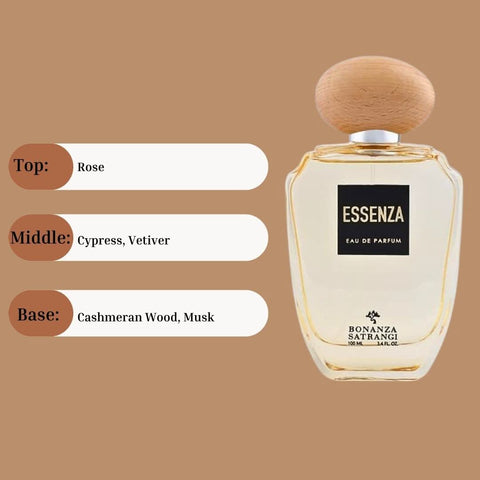 Bonanza Satrangi Essenza EDP Spray 100ML with floral, woody, musky scent, showcasing the luxurious perfume bottle and packaging.