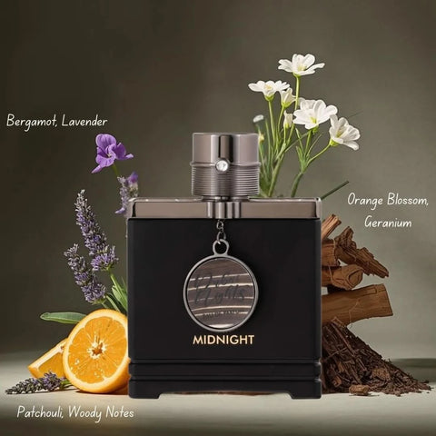 Dubai Nights Midnight Eau de Parfum Spray by Armaf, 100ml bottle, featuring elegant black packaging and a sleek perfume spray nozzle.