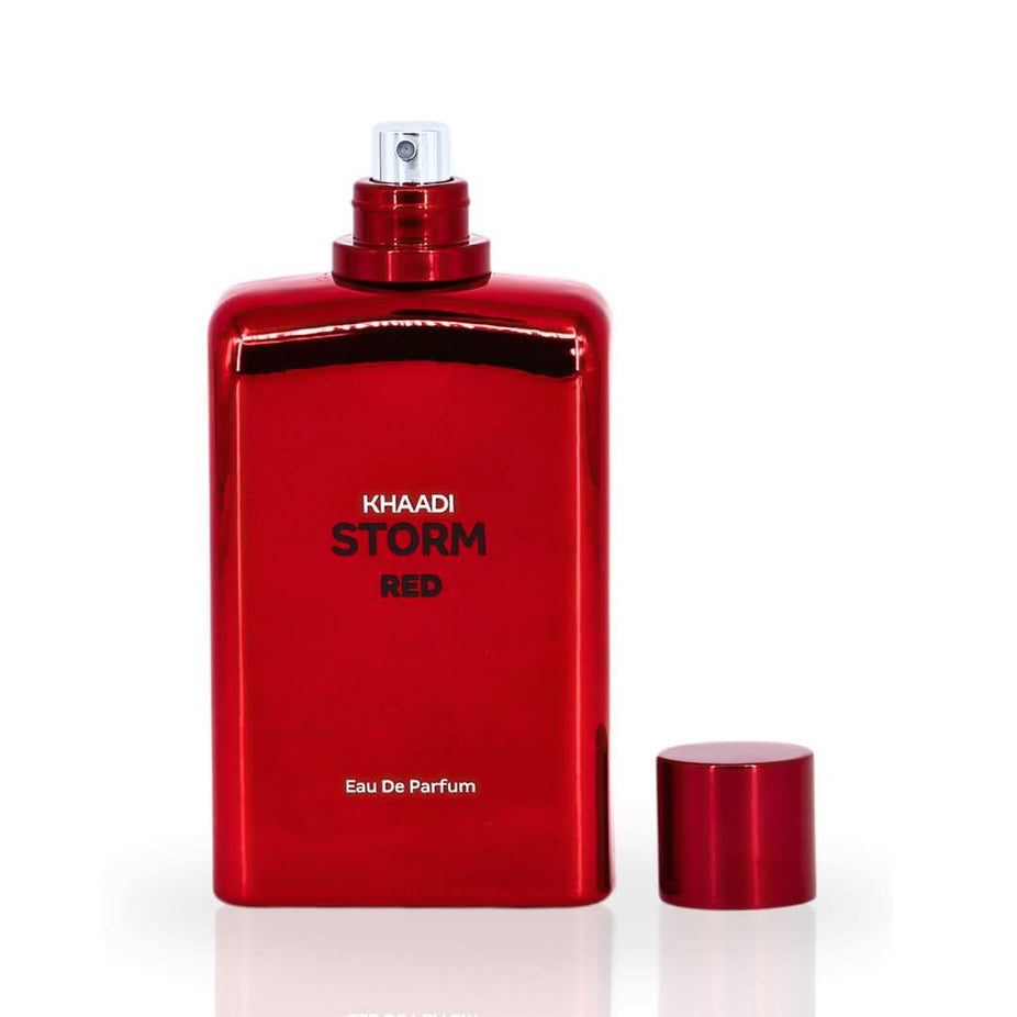 Storm Red Eau de Parfum Spray by Khaadi, 100ml bottle with red and black packaging, showcasing the elegant perfume design.