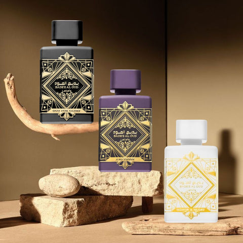 Bad'ee Al Oud Glory, Bad'ee Al Oud Amethyst & Bade’e Al Oud Honor & Glory EDP Sprays 100ML (3.4 OZ) By Lattafa | Three Captivating Scents, One Unforgettable You. (VALUE PACK) - Intense Oud