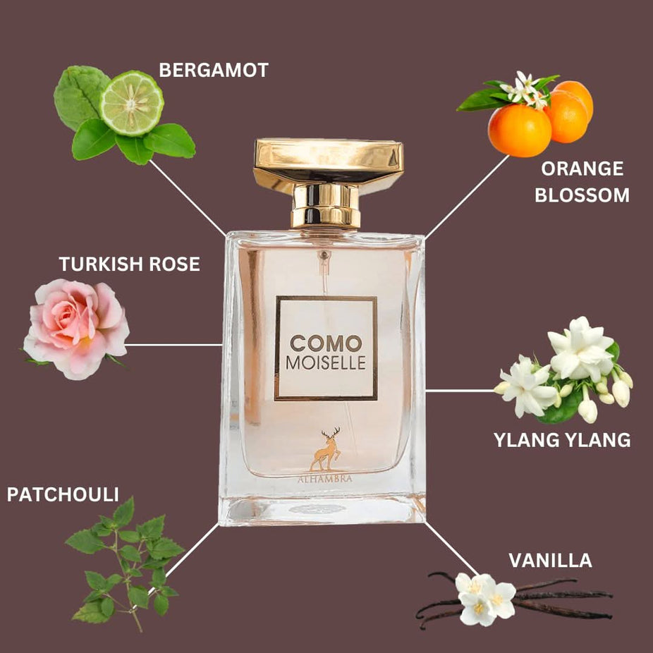 Maison Alhambra Como Moiselle Eau de Parfum spray 100ml bottle with elegant packaging and floral design.