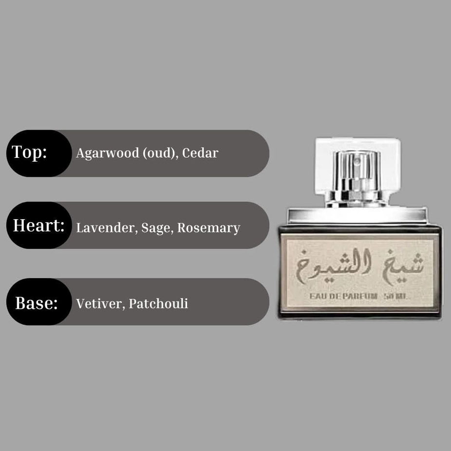 Lattafa Sheikh Al Shuyukh Black EDP spray and perfumed deodorant, 50ML, featuring a rich, woody scent and long-lasting fragrance.