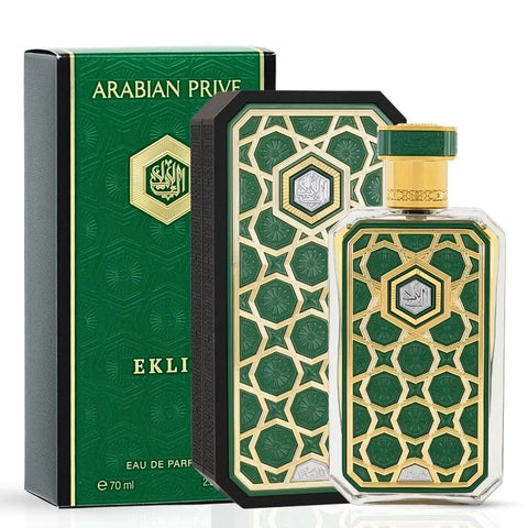 Arabian Prive Collection Eklil Eau de Parfum spray by Rasasi, 70ml bottle with elegant packaging and floral fragrance details.