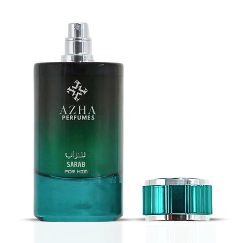 Sarab For Him Eau de Parfum spray by AZHA, 100ml bottle, elegant packaging with black and gold design, showcasing the fragrance.