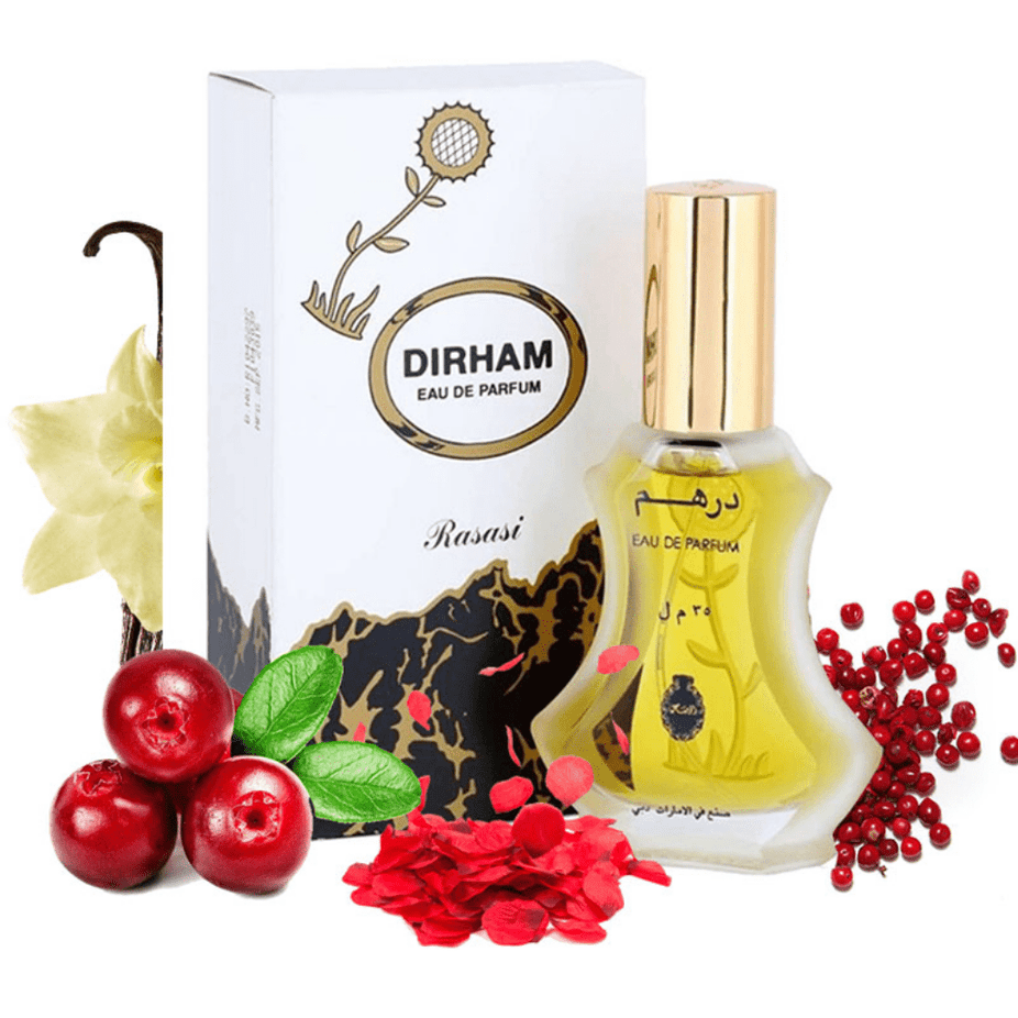 Rasasi Dirham EDP 30ML perfume bottle with elegant packaging, capturing the essence of original Arabian fragrance.