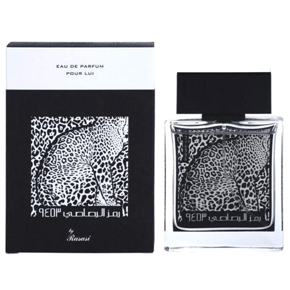 Rasasi Rumz Al Rasasi 9453 Leopard Pour Lui men's 50ml Eau De Parfum bottle with leopard design and branding.