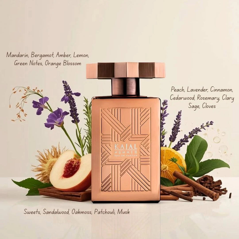 Kajal Homme II Eau de Parfum spray 100ml with sleek bottle design, representing a masculine fragrance by Kajal.