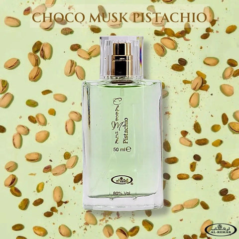 Al Rehab Choco Musk Marshmallow and Pistachio Eau De Parfum bundle with two 50ml spray bottles, featuring chocolate and nutty fragrance notes.