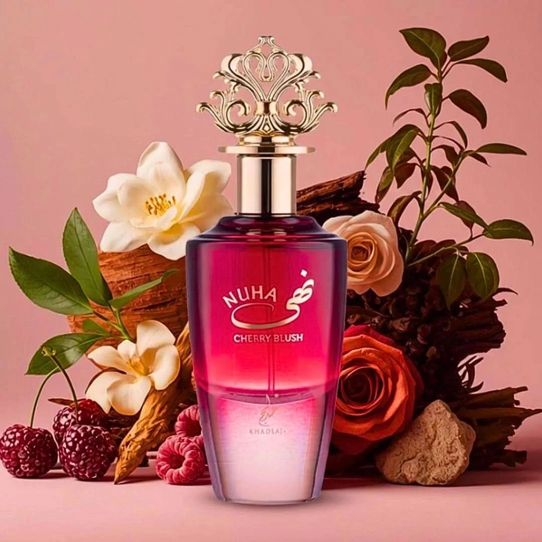 Nuha Cherry Blush Eau de Parfum spray by Khadlaj, featuring the elegant bottle and pink cherry blossom design.