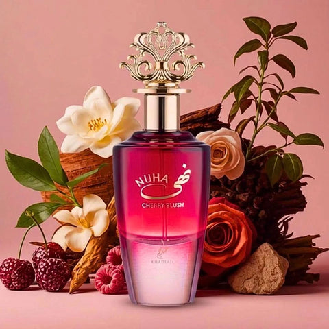 Nuha Cherry Blush Eau de Parfum spray by Khadlaj, featuring the elegant bottle and pink cherry blossom design.