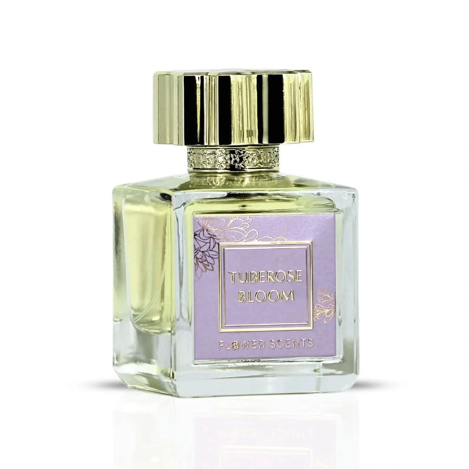 Flower Scents Tuberose Bloom Eau de Parfum spray 65ml, elegant glass bottle with floral design and a soft, luxurious fragrance.