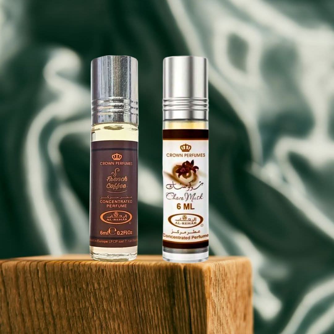 Al Rehab Choco Musk and French Coffee perfume oils bundle in 6ml bottles, featuring dark brown and gold packaging.