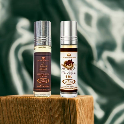 Al Rehab Choco Musk and French Coffee perfume oils bundle in 6ml bottles, featuring dark brown and gold packaging.
