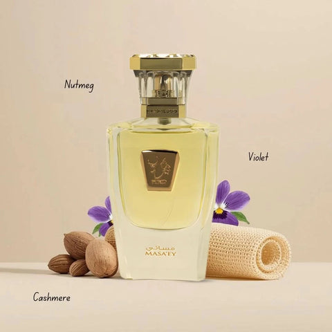 Hind Al Oud Masa'ey Parfum Eau de Parfum spray 50ml bottle, elegant design, showcasing the luxury perfume for women.